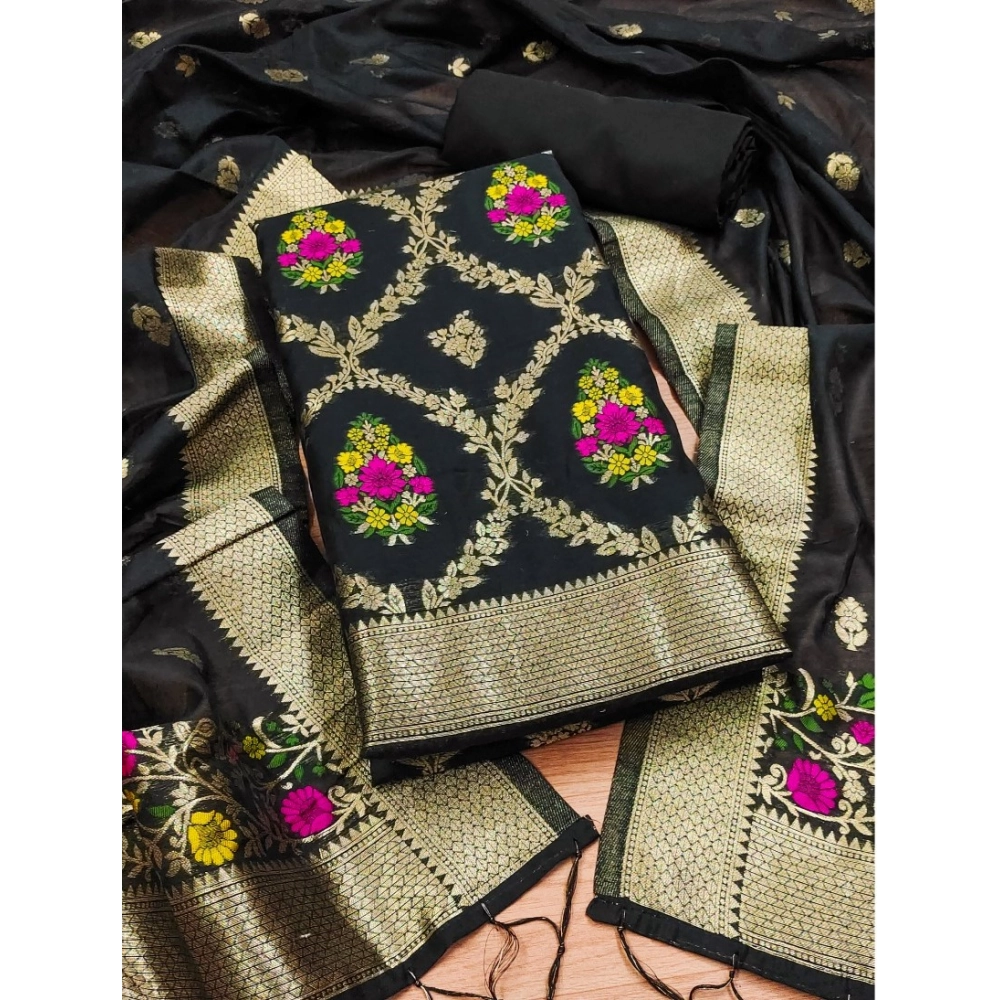 Women's Banarasi Silk Printed Unstitched Salwar Suit Material With Dupatta (Black, 3Mtrs)