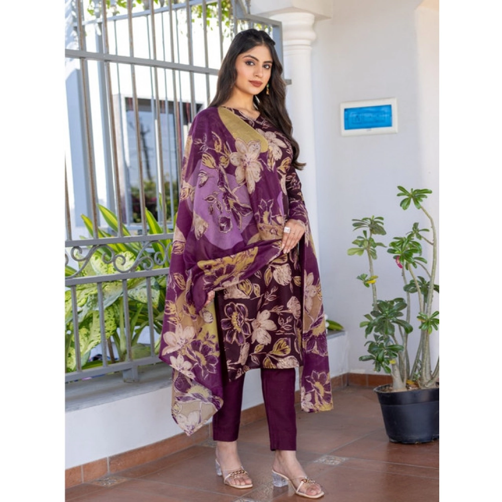 Women's Cotton Blend Printed Kurti With Pant Dupatta Set (Purple) - Image 5