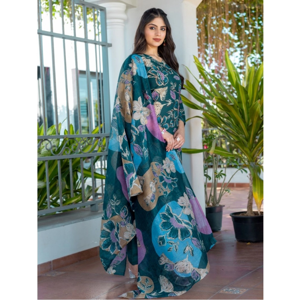 Women's Cotton Blend Printed Kurti With Pant Dupatta Set (Rama) - Image 4