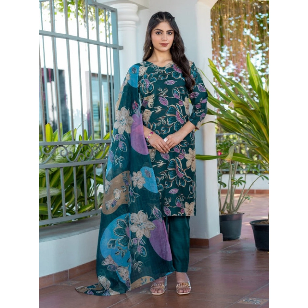 Women's Cotton Blend Printed Kurti With Pant Dupatta Set (Rama) - Image 5