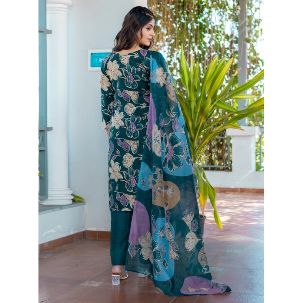 Women's Cotton Blend Printed Kurti With Pant Dupatta Set (Rama) - Image 2