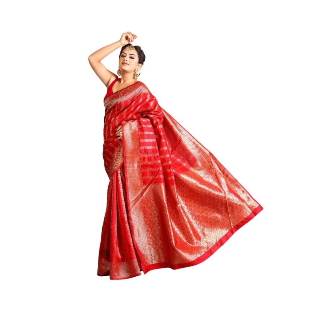 Women's Soft Lichi Silk Printed Saree With Unstitched Blouse 5.5Mtr (Red)
