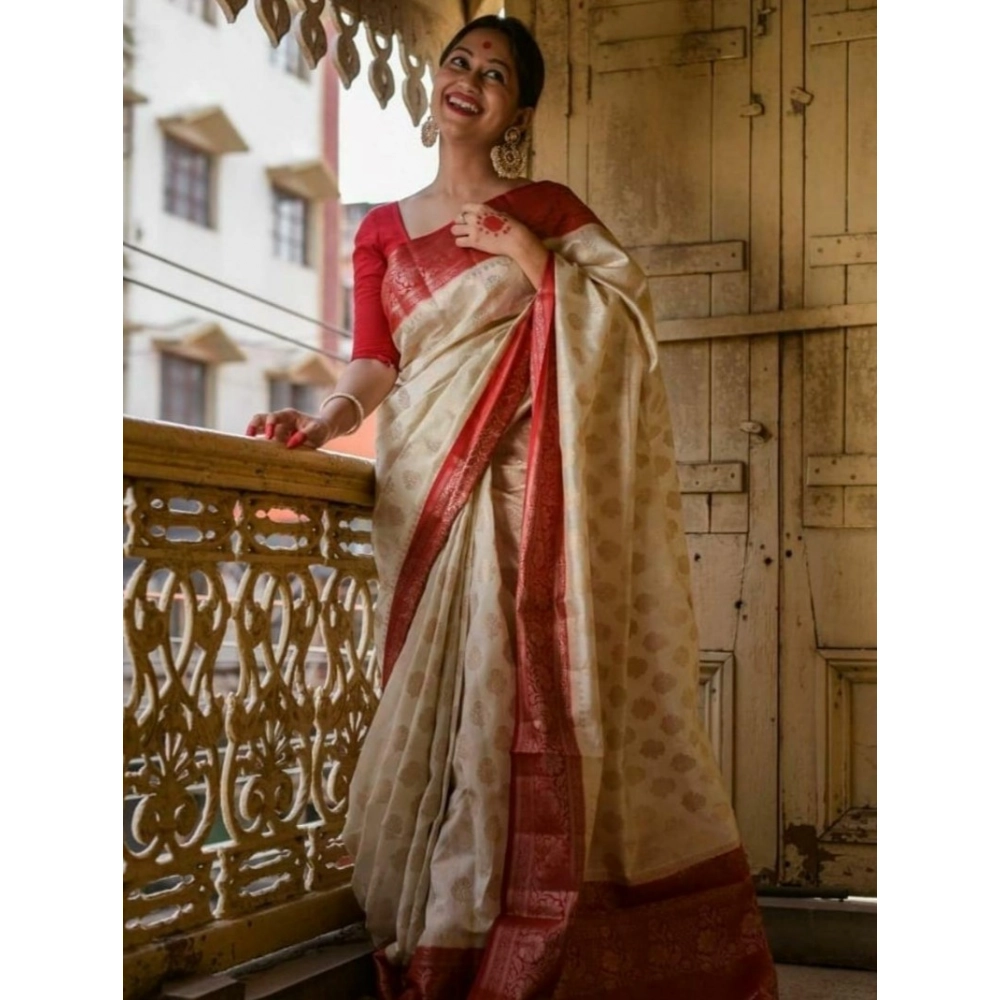Women's Soft Lichi Silk Printed Saree With Unstitched Blouse 5.5Mtr (White)