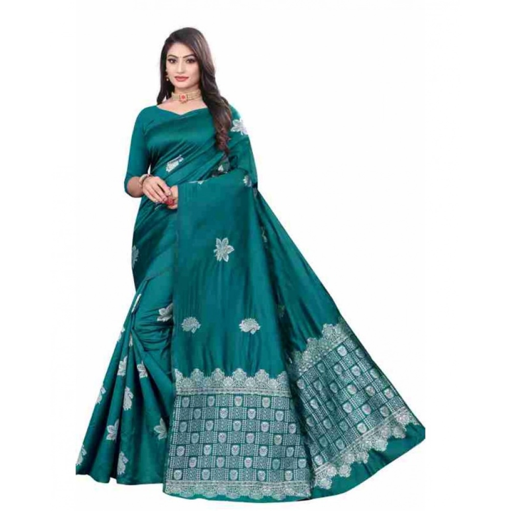 Women's Soft Lichi Silk Printed Saree With Unstitched Blouse 5.5Mtr (Rama)