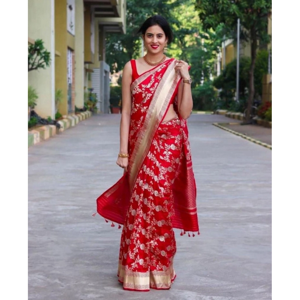 Women's Soft Lichi Silk Printed Saree With Unstitched Blouse 5.5Mtr (Red)