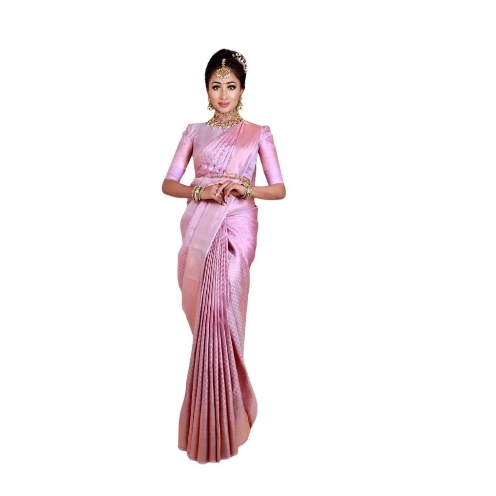 Women's Soft Lichi Silk Printed Saree With Unstitched Blouse 5.5Mtr (Pink)