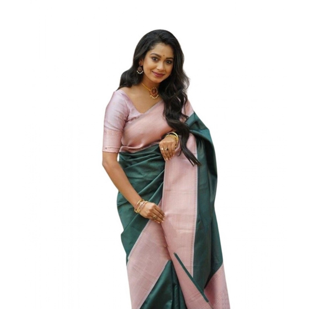 Women's Soft Lichi Silk Printed Saree With Unstitched Blouse 5.5Mtr (Green)