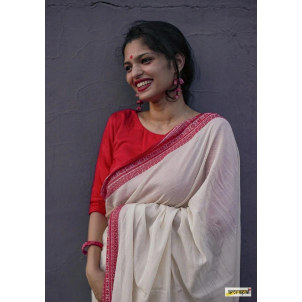 Women's Soft Lilan Printed Saree With Unstitched Blouse 5.5Mtr (White)