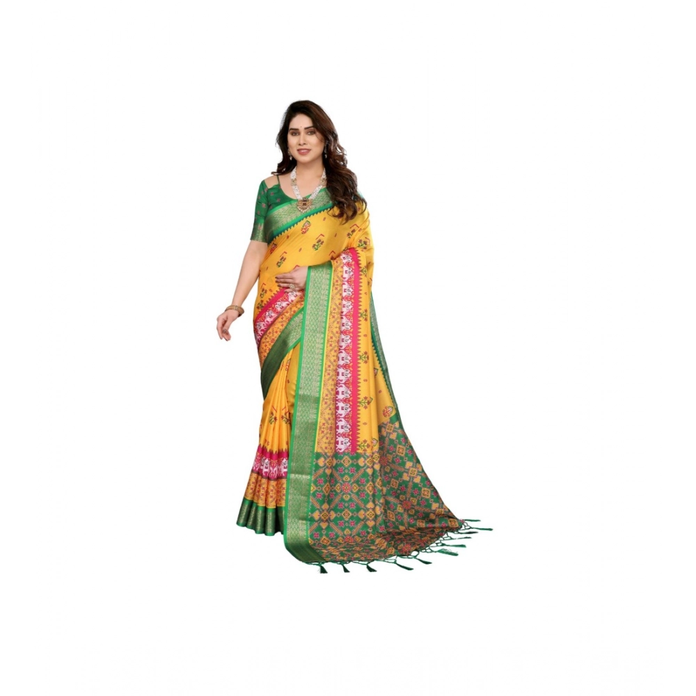 Women's Cotton Silk  Printed Saree With Unstitched Blouse 5.5Mtr (Yellow)