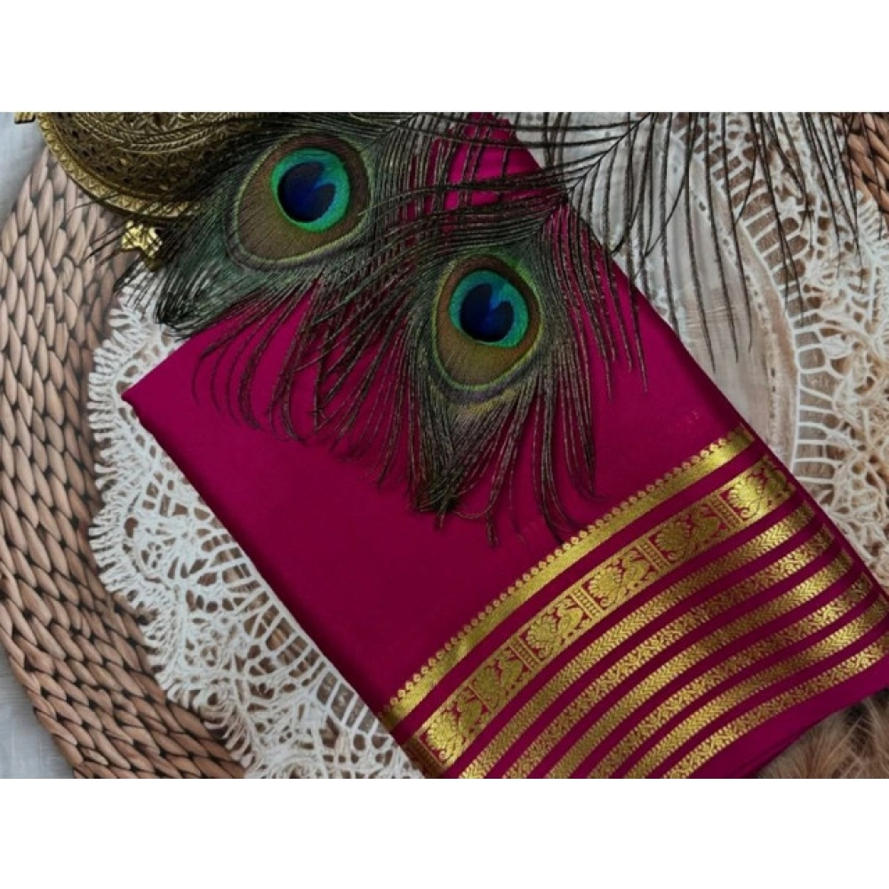Women's Crepe Chit Pallu Solid Saree With Unstitched Blouse 5.5Mtr (Dark Pink)