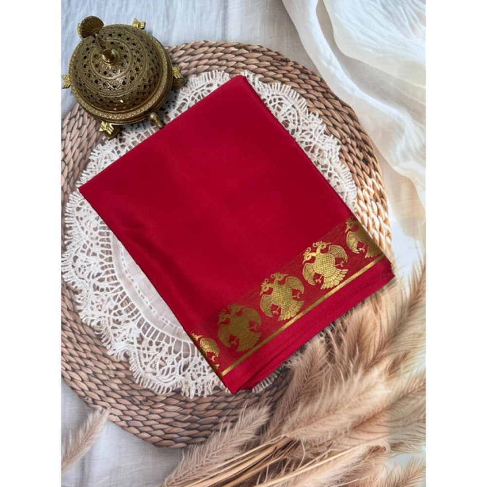 Women's Crepe Chit Pallu Solid Saree With Unstitched Blouse 5.5Mtr (Red)
