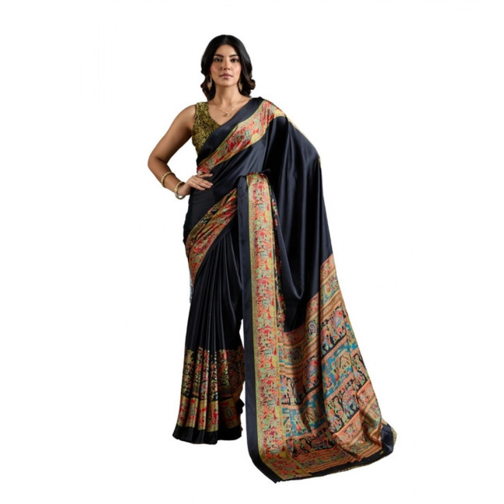 Women's Satin Crepe Printed Saree With Unstitched Blouse 5.5Mtr (Blue)