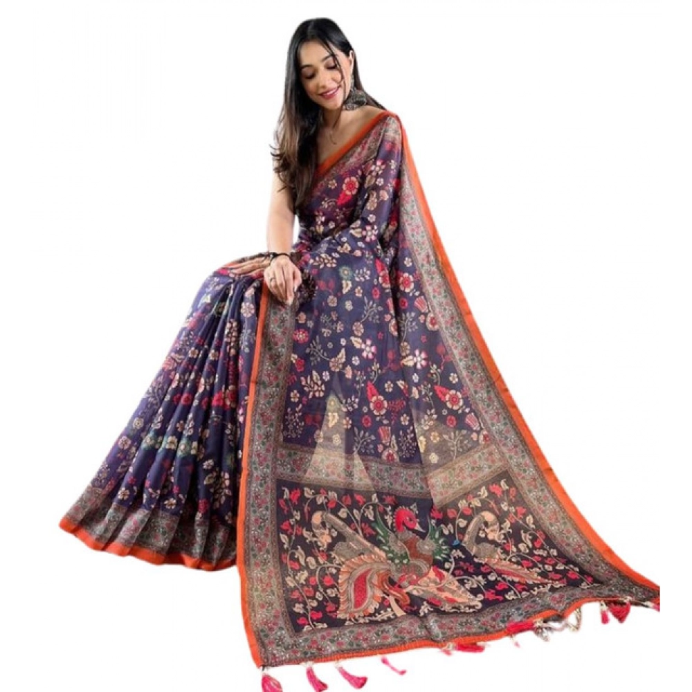 Women's Linen Printed Saree With Unstitched Blouse 5.5Mtr (Blue)