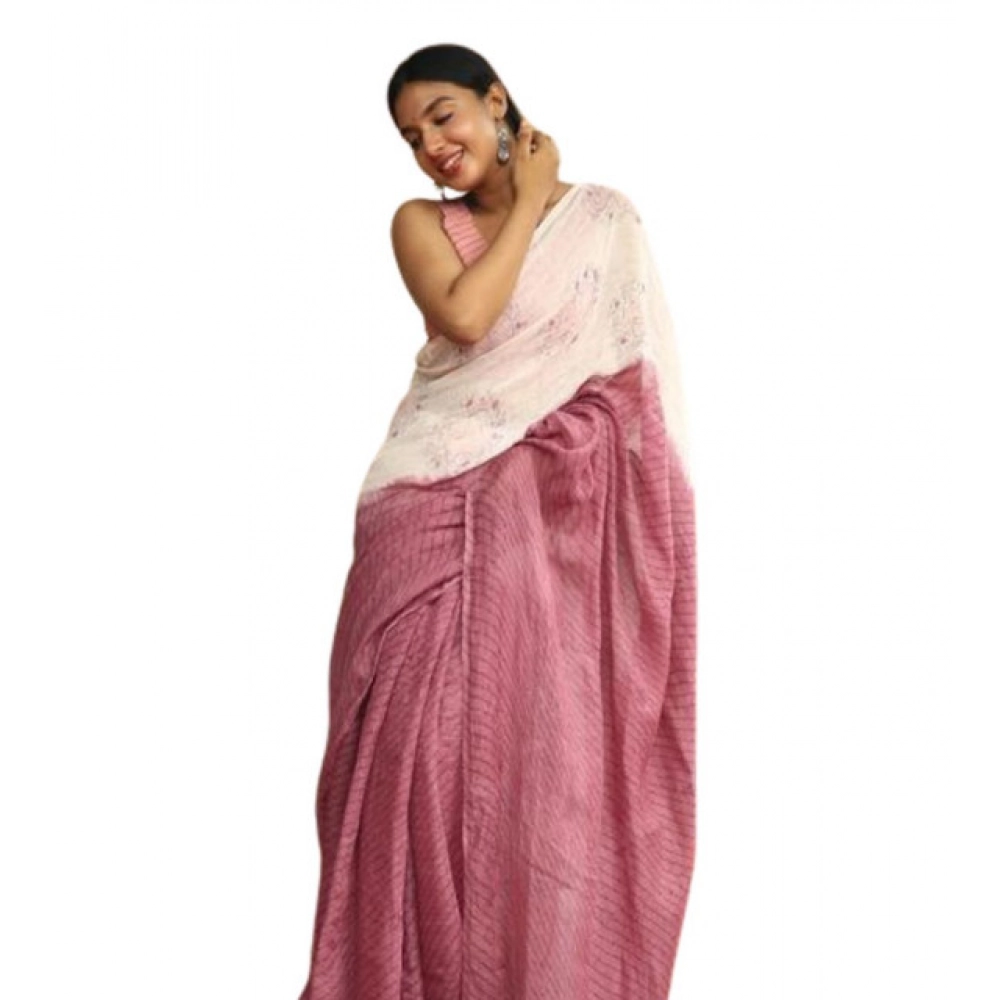 Women's Linen Printed Saree With Unstitched Blouse 5.5Mtr (White)