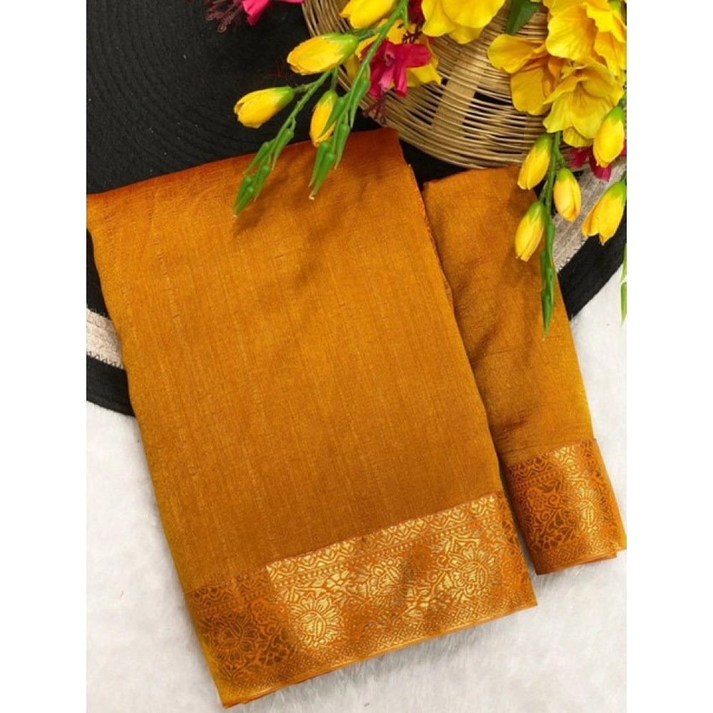 Women's Vichitra Silk Printed Saree With Unstitched Blouse 5.5Mtr (Mustard)