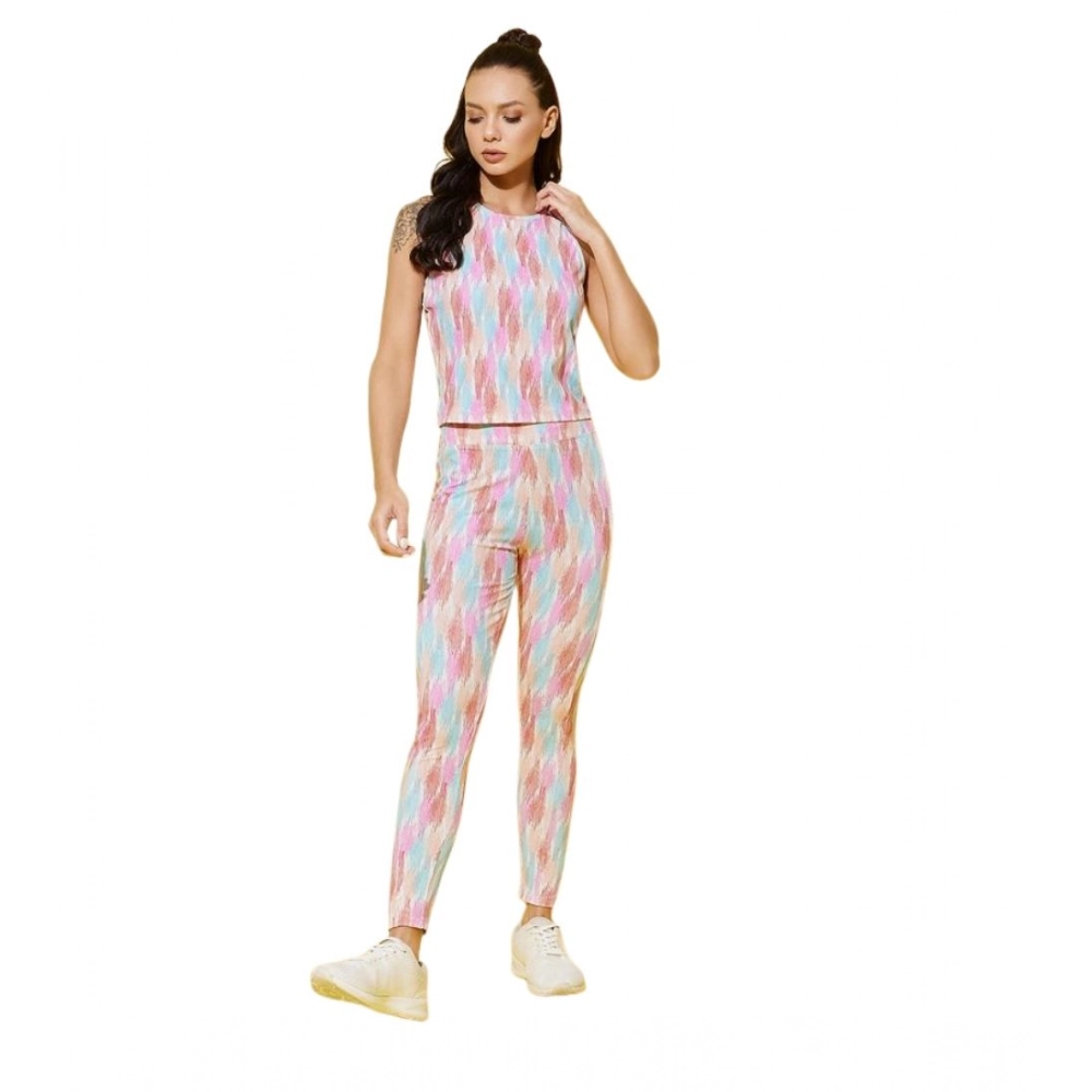 Women's Polyester Lycra Printed Sleeveless Active Wear (Multicolor)