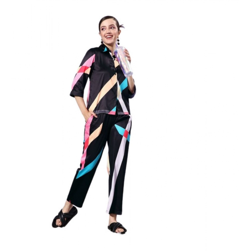 Women's Satin Colour Block Long Sleeves Co-Ord Set (Multicolor)