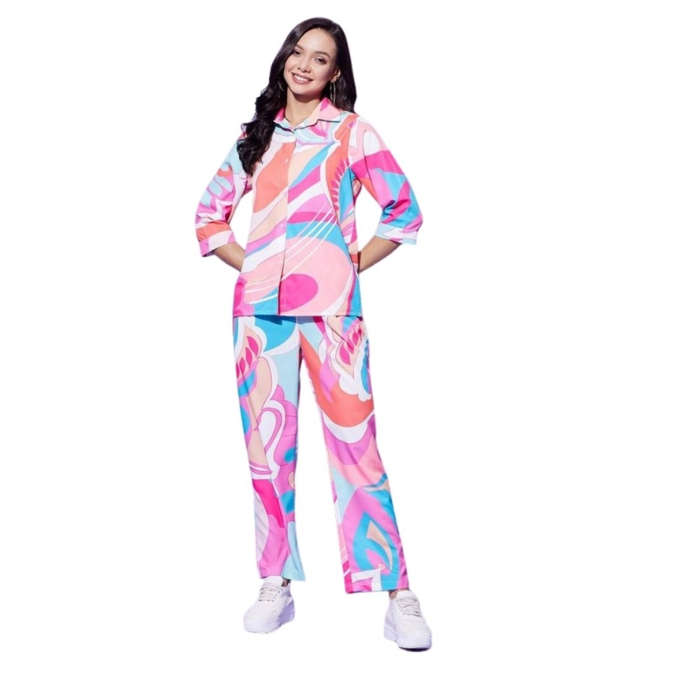 Women's Polyester Printed 3-4th Sleeve Co-Ord Set (Multicolor)