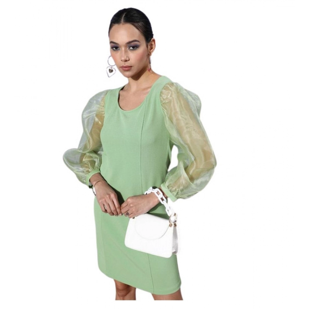 Women's Organza And Polyester Lycra Solid Long Sleeves Dress (Green)