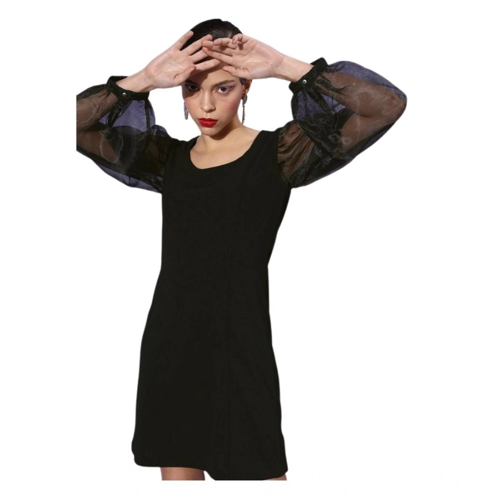 Women's Organza And Polyester Lycra Solid Long Sleeves Dress (Black)