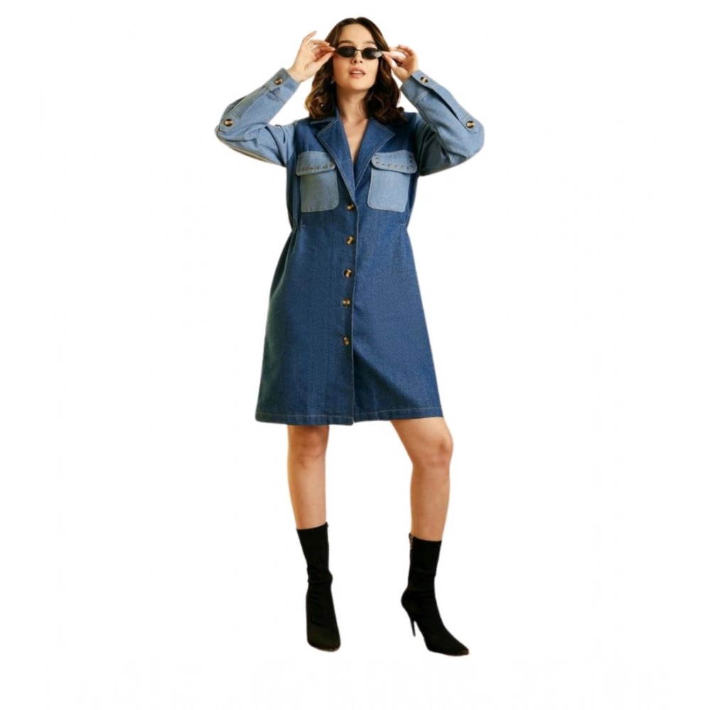 Women's Denim Color Blocking Roll Up Dress (Blue)