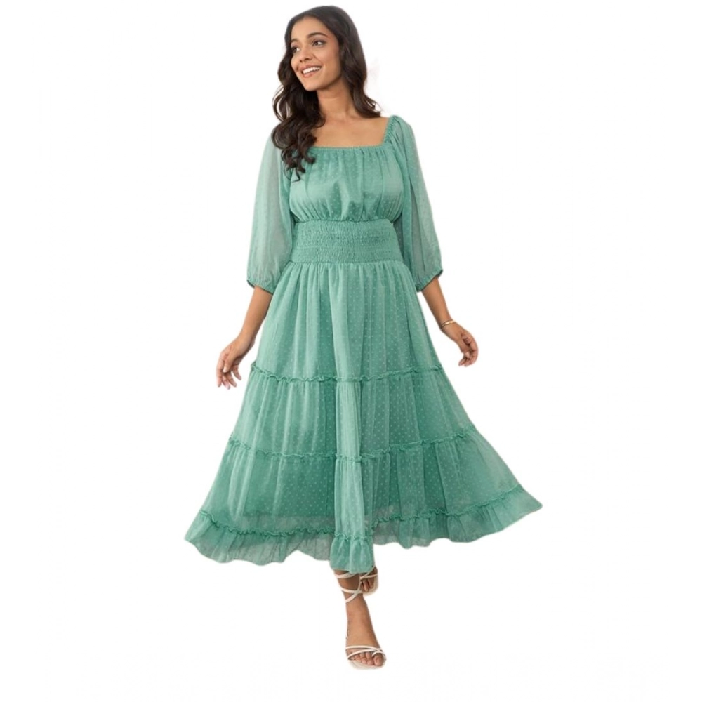 Women's Chiffon Solid Puff Sleeve Dress (Green)