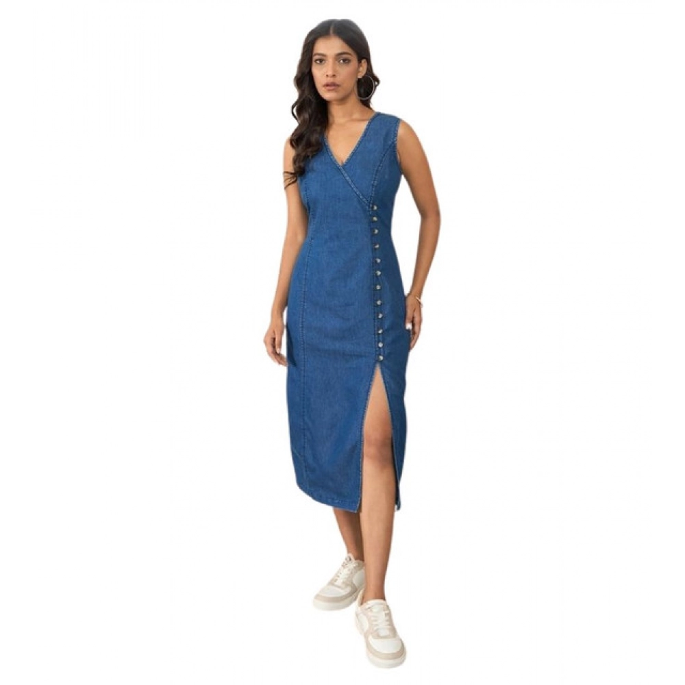 Women's Denim Solid Sleeveless Dress (Blue)