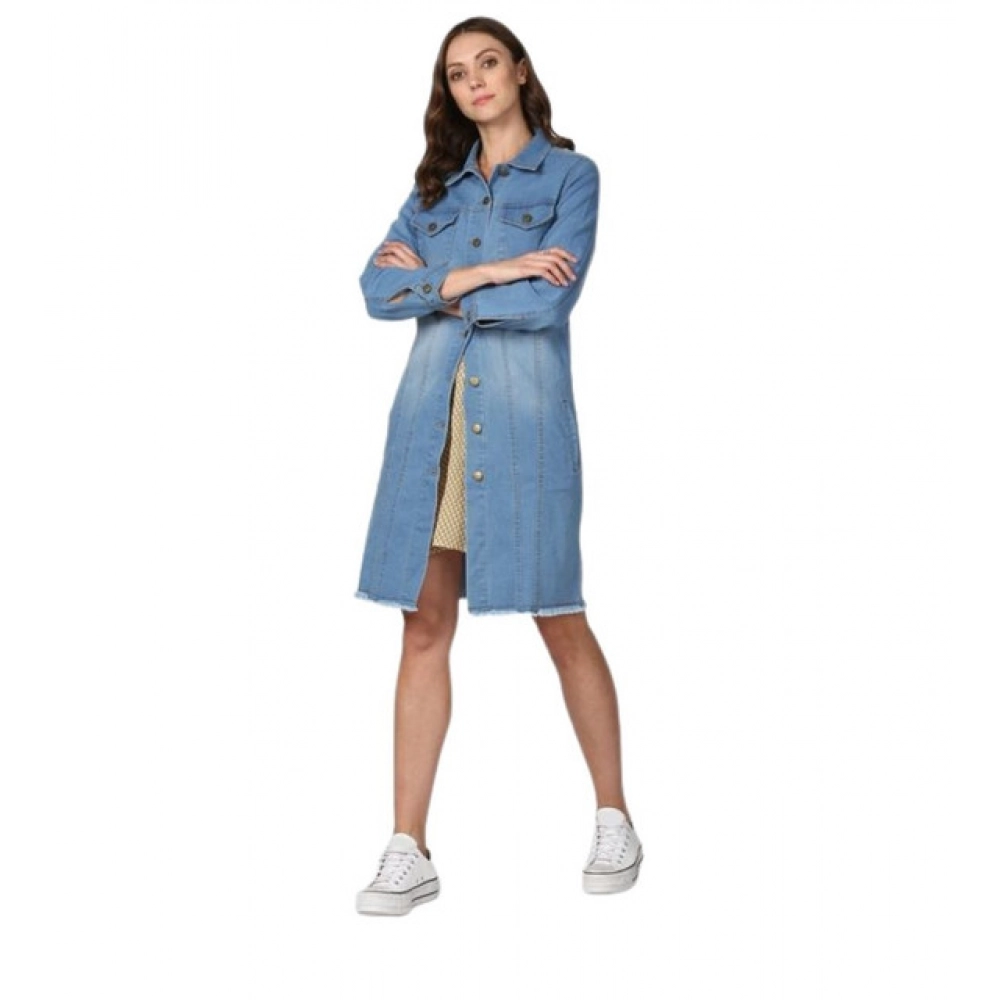 Women's Denim Washed Long Sleeves Jacket (Blue)