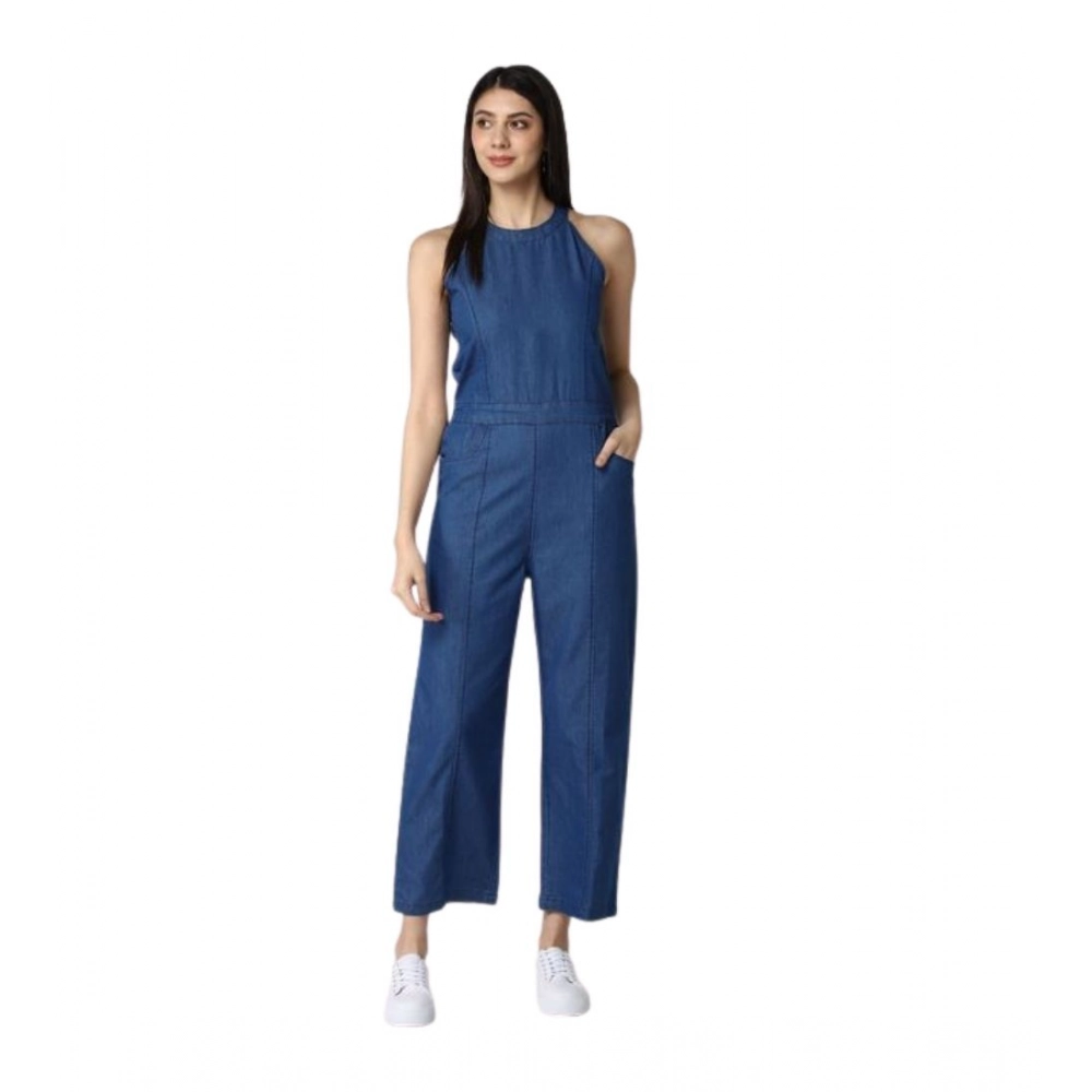 Women's Denim Solid Sleeveless Jumpsuit (Blue)