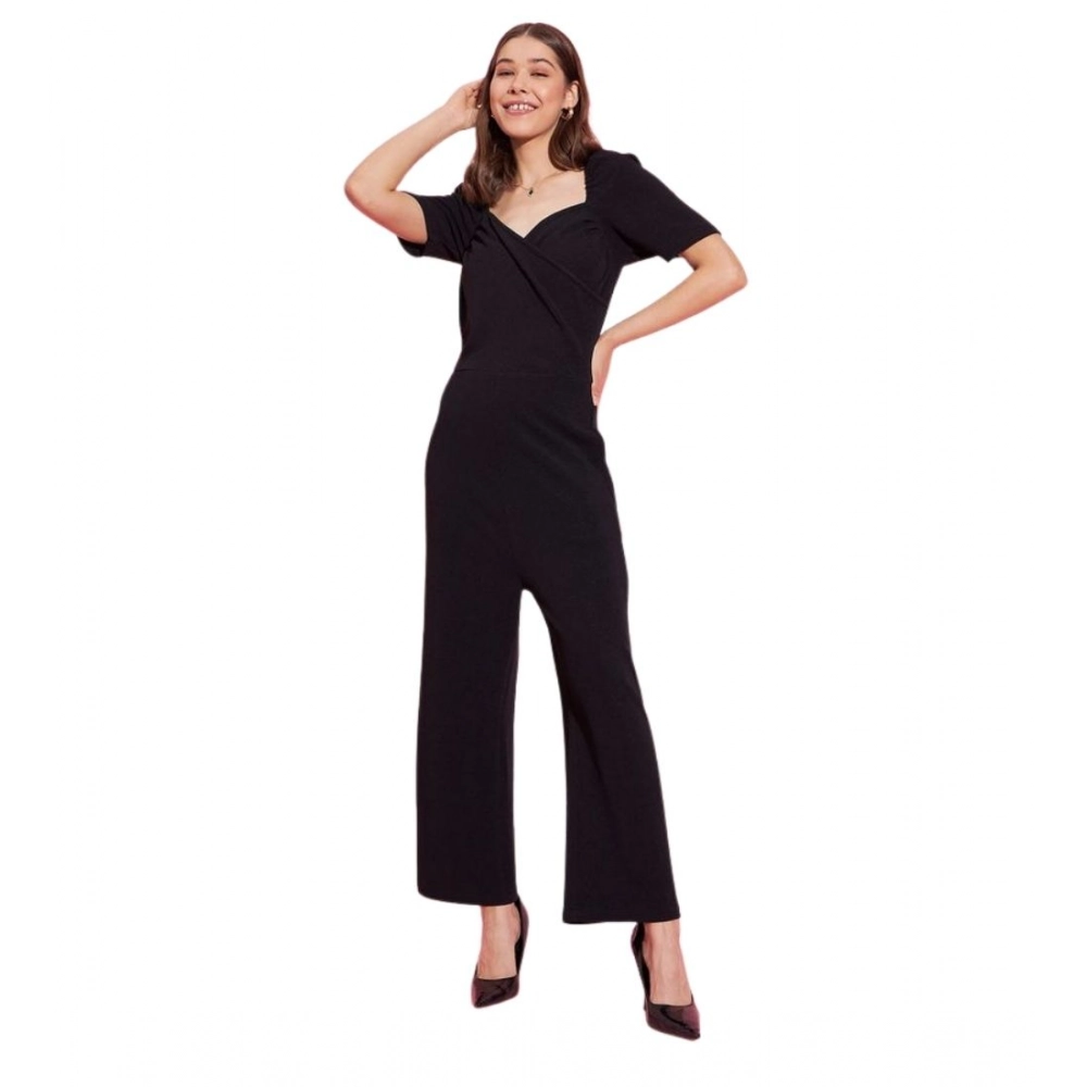 Women's Polyester Lycra Solid Puff Sleeve Jumpsuit (Black)