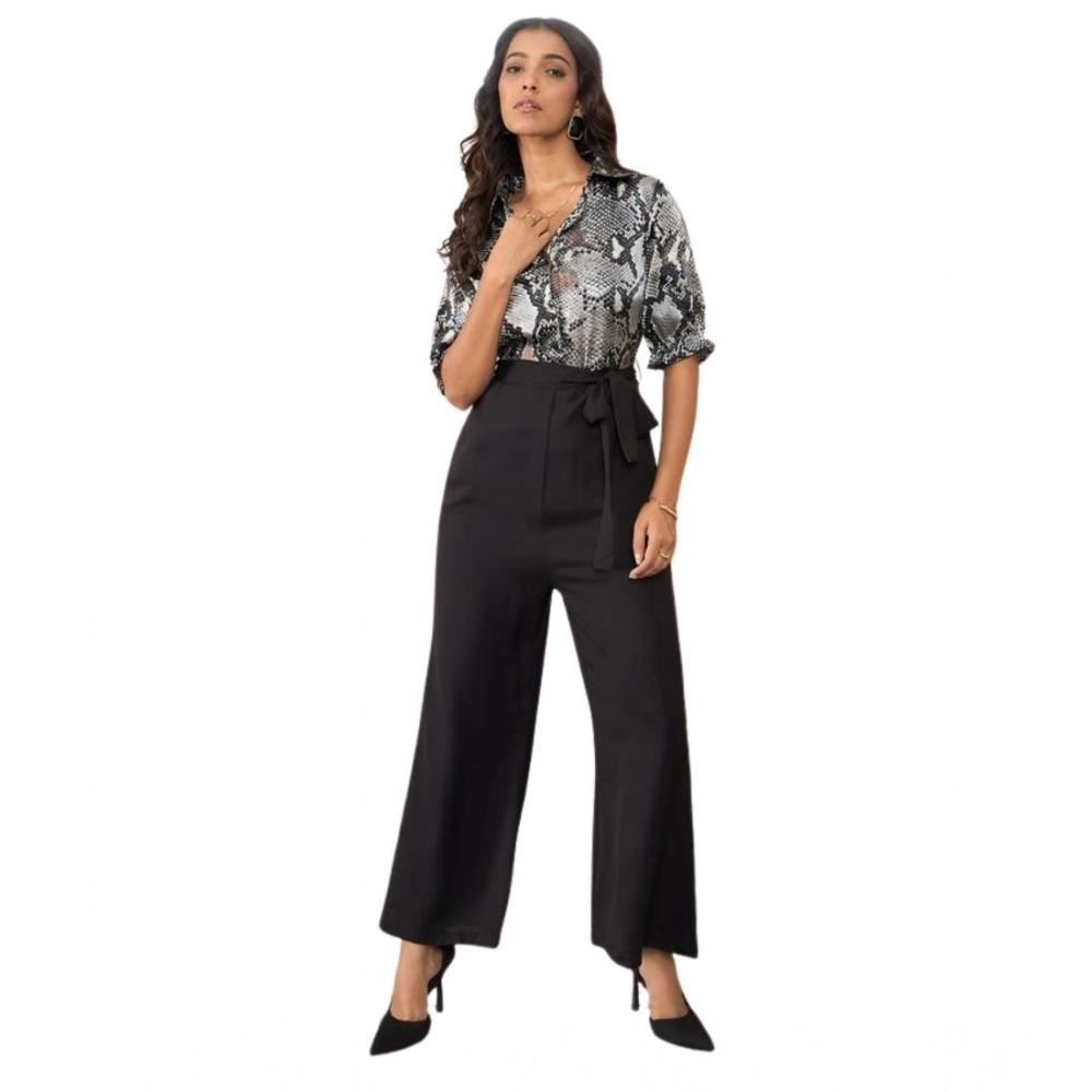 Women's Satin And Polyester Floral Half Sleeves Jumpsuit (Grey - Black)