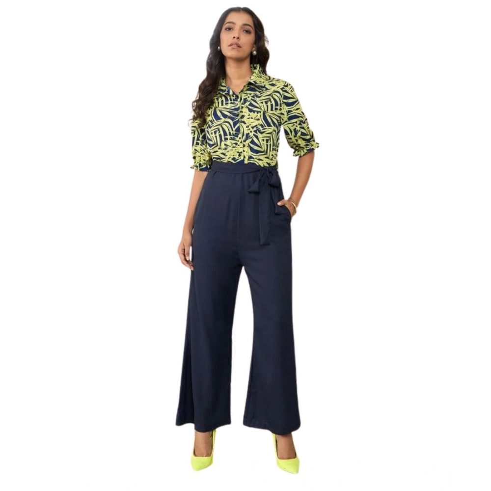 Women's Polyester Floral Half Sleeves Jumpsuit (Navy - Yellow)