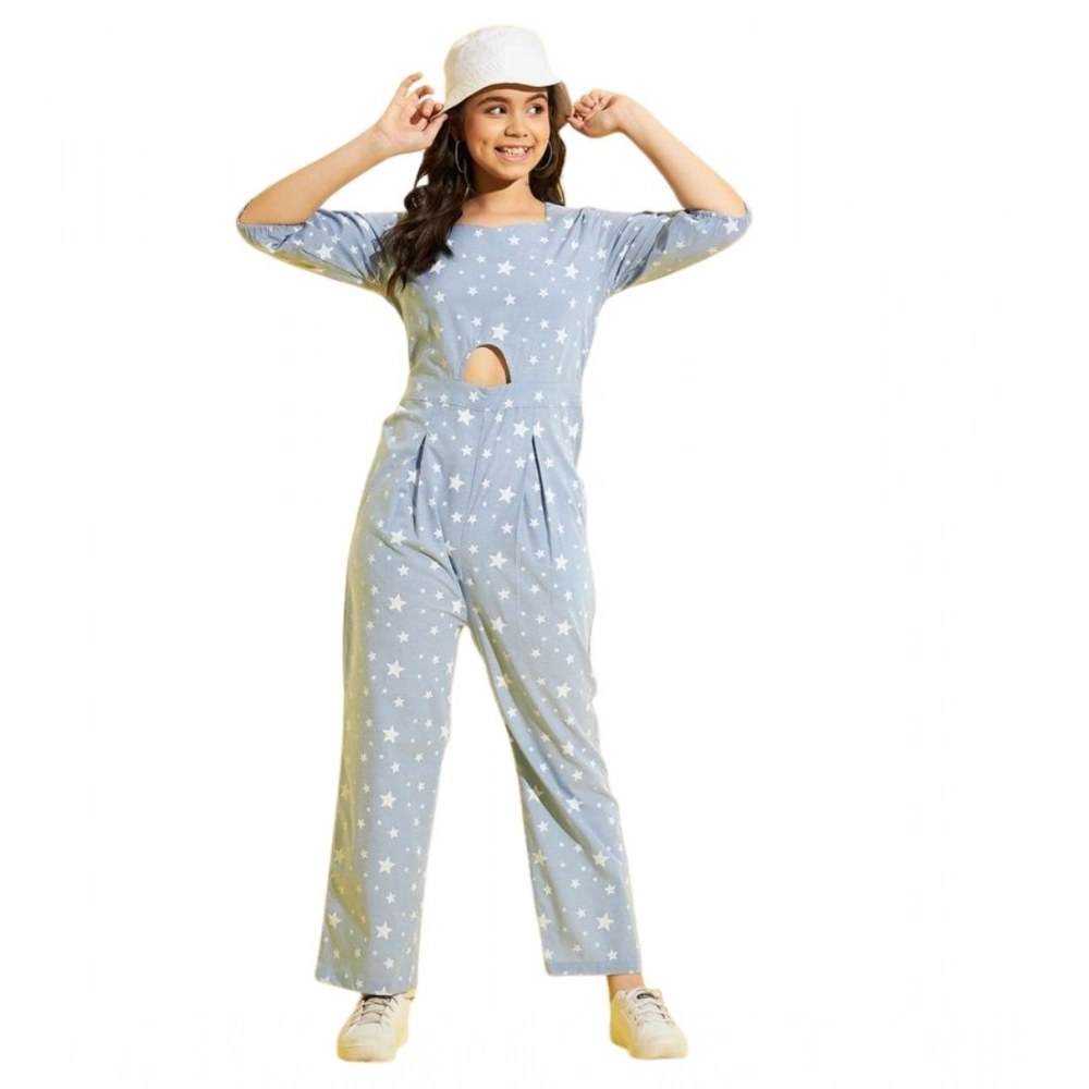 Girl's Cotton Printed 3-4th Sleeve Jumpsuit (Blue - White)
