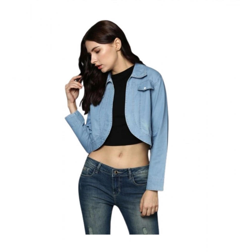 Women's Denim Solid 3-4th Sleeves Shrug (Blue)
