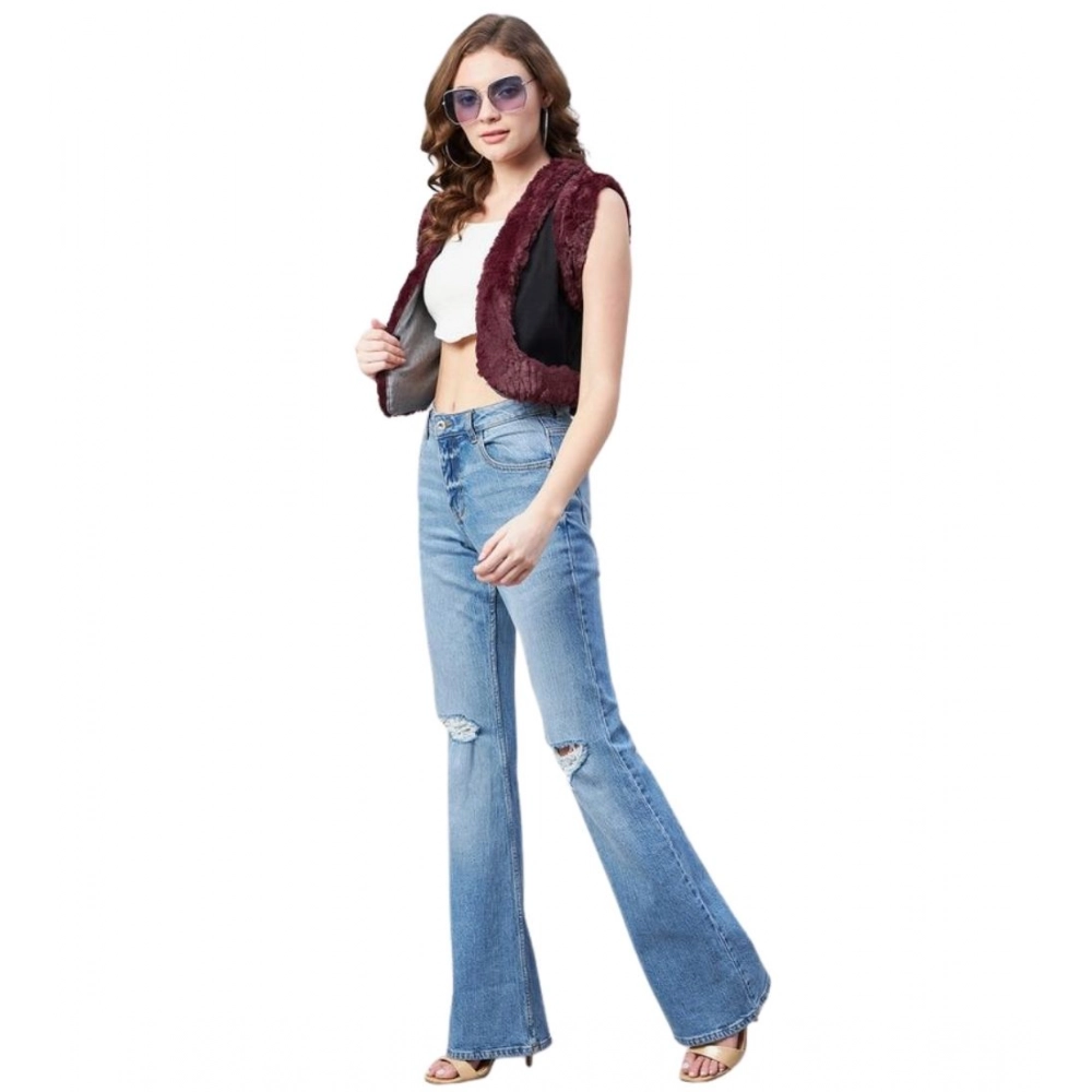 Women's Denim And Fur Solid Sleeveless Shrug (Black - Maroon)