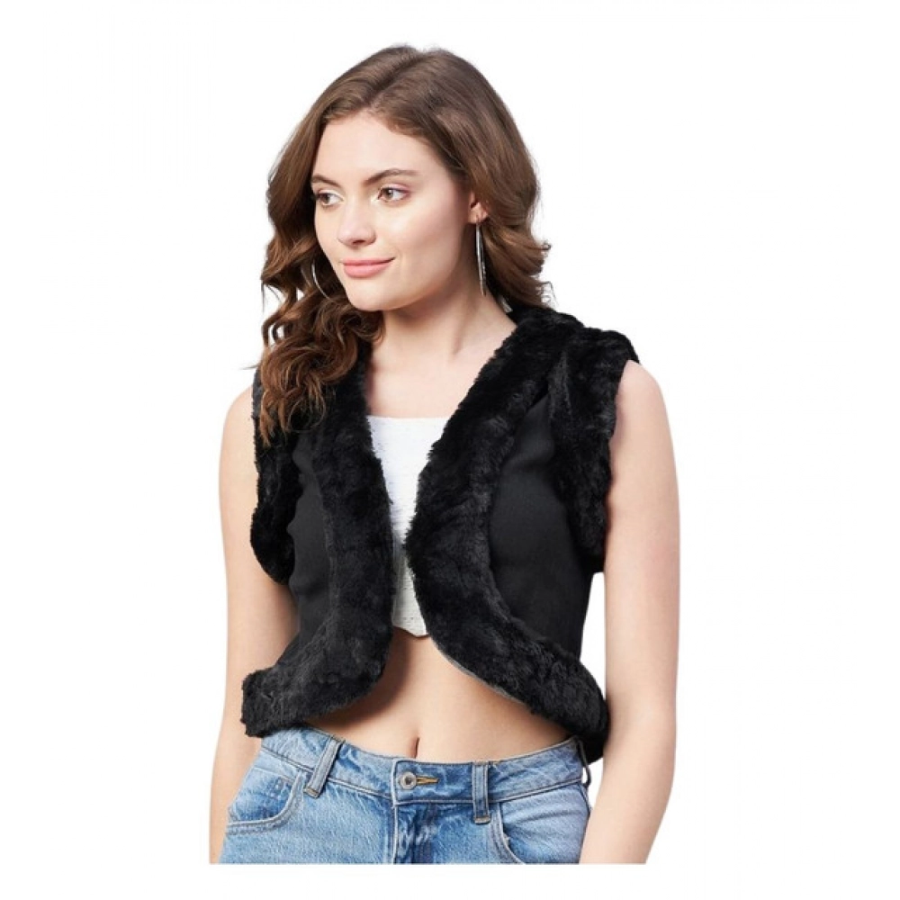 Women's Denim And Fur Solid Sleeveless Shrug (Black)