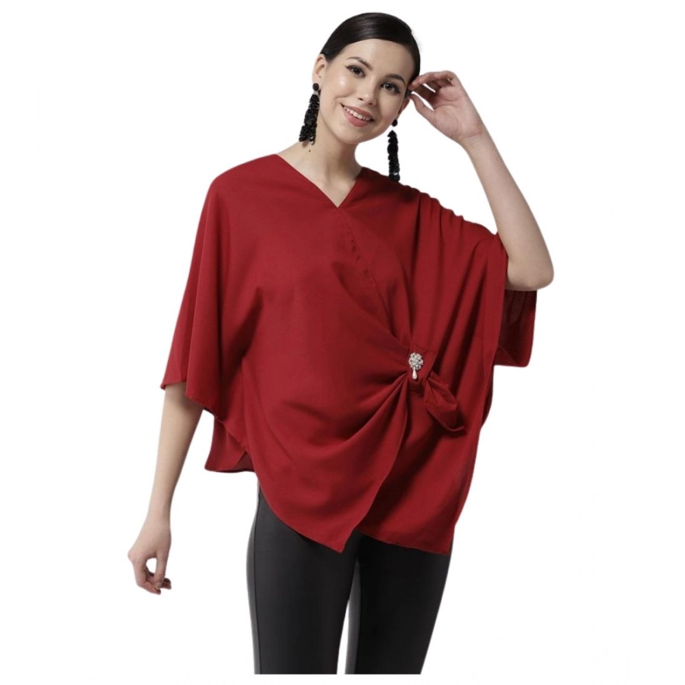 Women's Polyester Solid Cape Sleeve Top (Red)