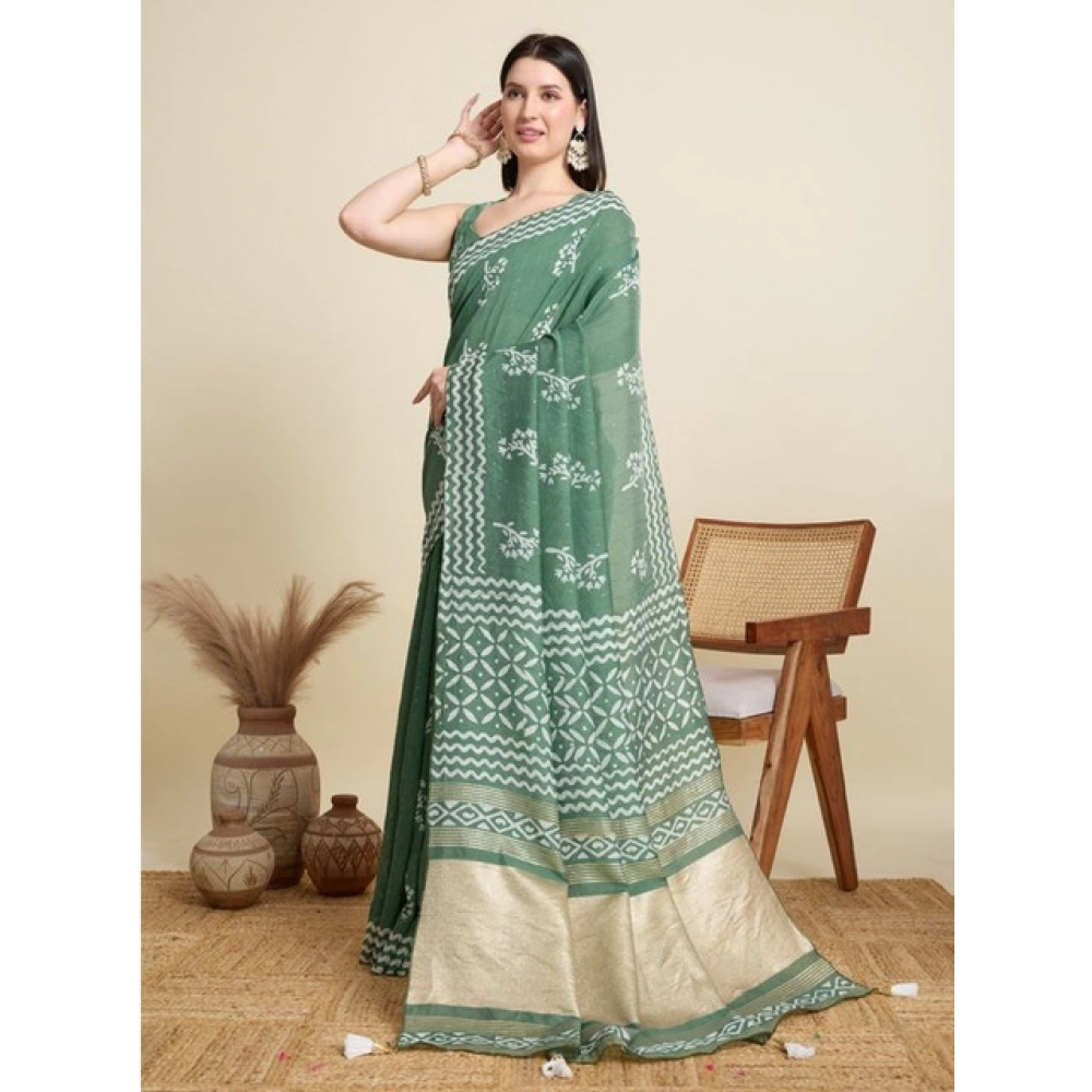 Women's Semi Cotton Printed Saree With Unstitched Blouse 5.5Mtr (Green)