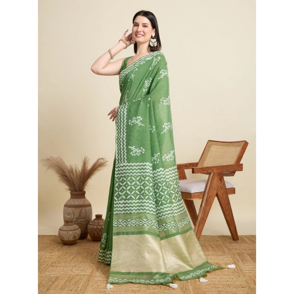 Women's Semi Cotton Printed Saree With Unstitched Blouse 5.5Mtr (Mint-Green)