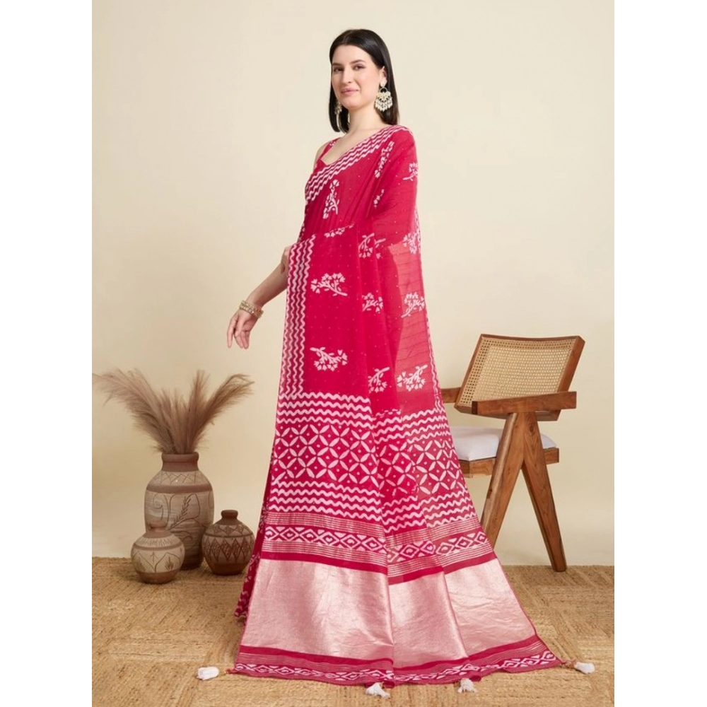 Women's Semi Cotton Printed Saree With Unstitched Blouse 5.5Mtr (Red)
