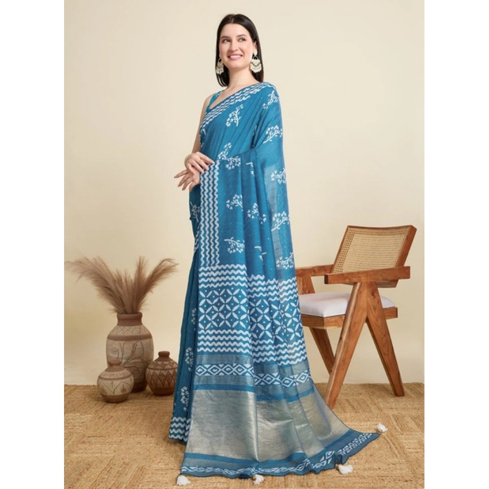 Women's Semi Cotton Printed Saree With Unstitched Blouse 5.5Mtr (Sky-Blue)