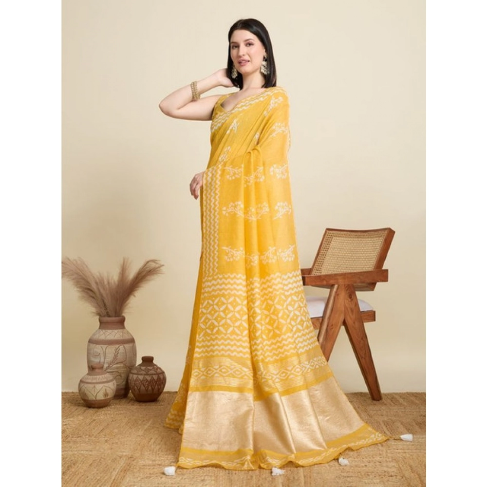 Women's Semi Cotton Printed Saree With Unstitched Blouse 5.5Mtr (Yellow)
