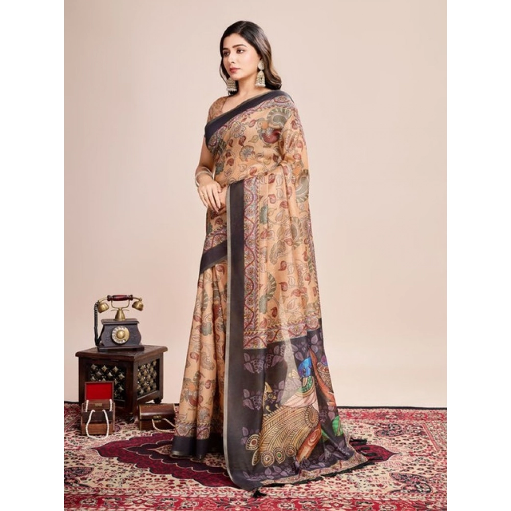 Women's Semi Cotton Digital Print Saree With Unstitched Blouse 5.5Mtr (Beige)