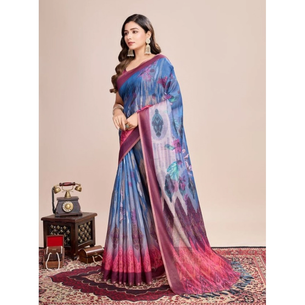 Women's Semi Cotton Digital Print Saree With Unstitched Blouse 5.5Mtr (Blue)