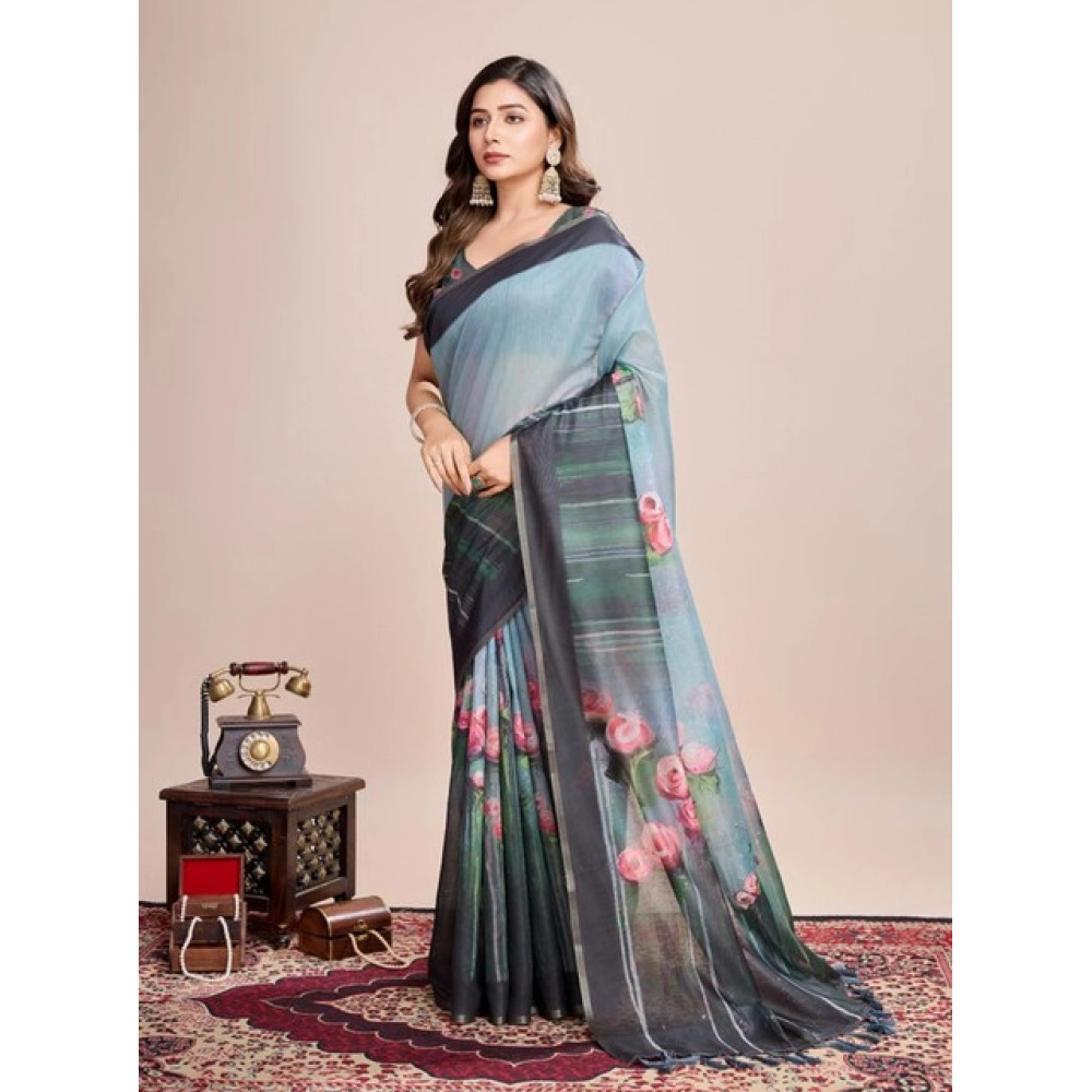 Women's Semi Cotton Digital Print Saree With Unstitched Blouse 5.5Mtr (Green)