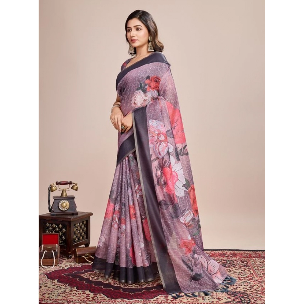 Women's Semi Cotton Digital Print Saree With Unstitched Blouse 5.5Mtr (lavender)