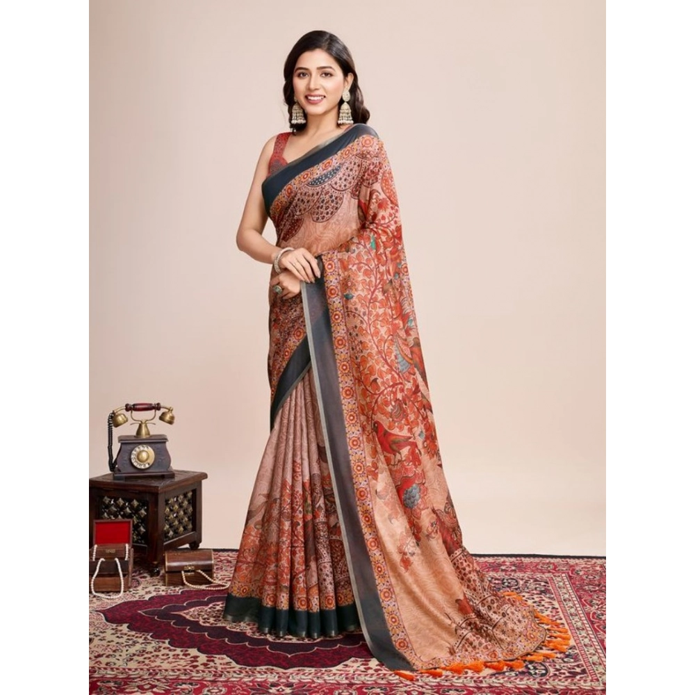 Women's Semi Cotton Digital Print Saree With Unstitched Blouse 5.5Mtr (Orange)