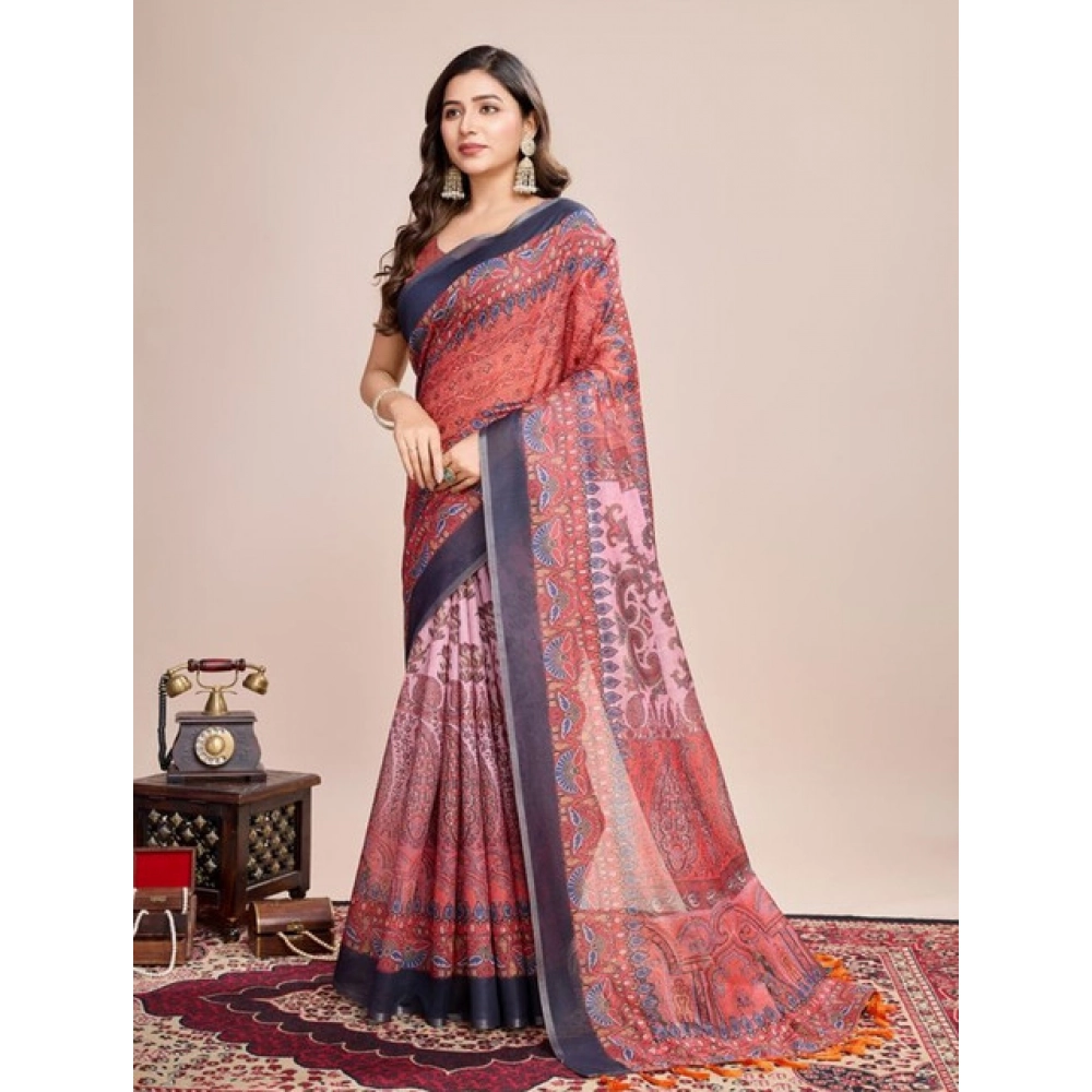 Women's Semi Cotton Digital Print Saree With Unstitched Blouse 5.5Mtr (Peach)
