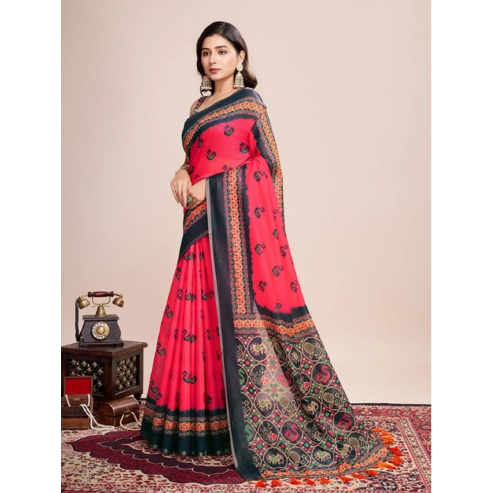 Women's Semi Cotton Digital Print Saree With Unstitched Blouse 5.5Mtr (Red)