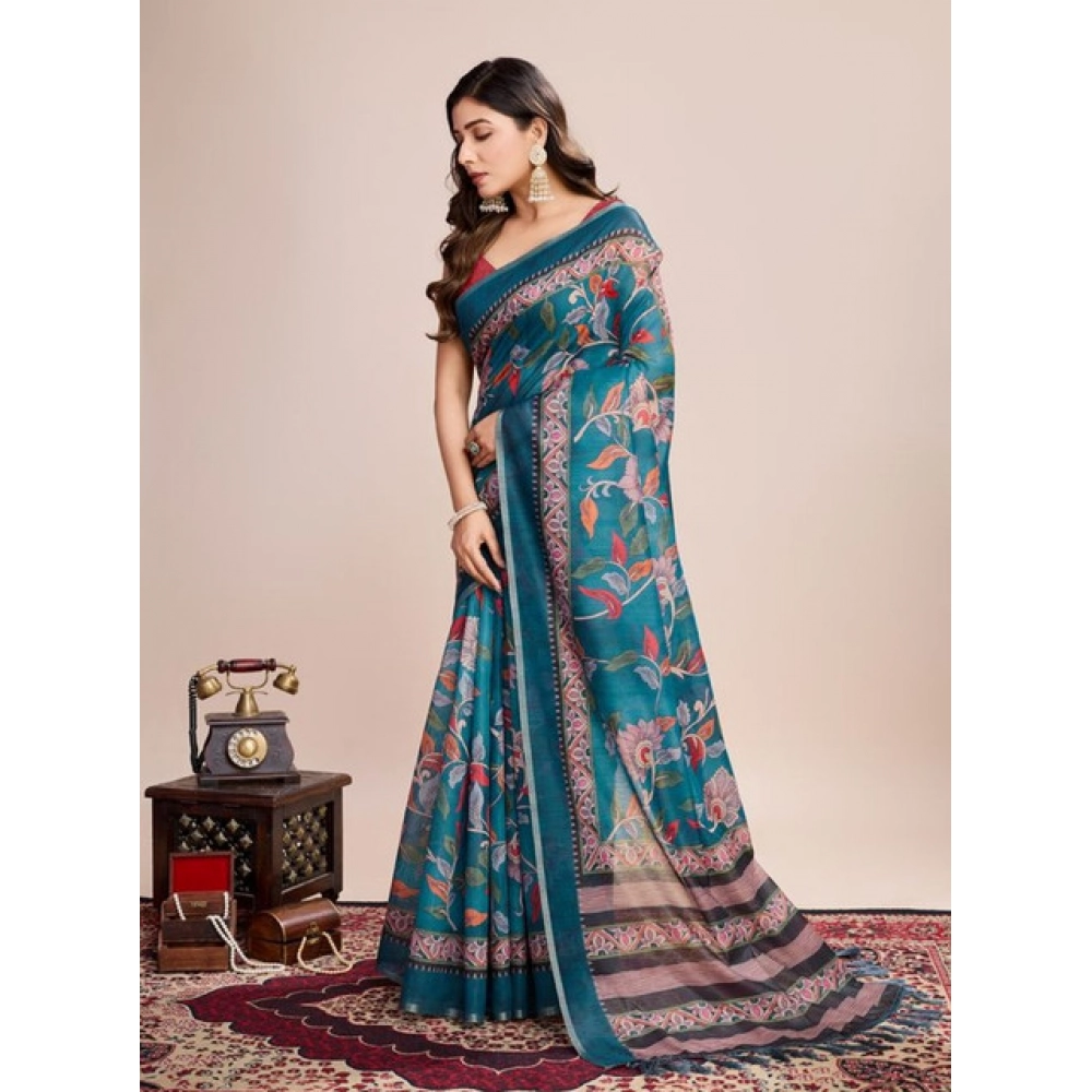 Women's Semi Cotton Digital Print Saree With Unstitched Blouse 5.5Mtr (Teal)